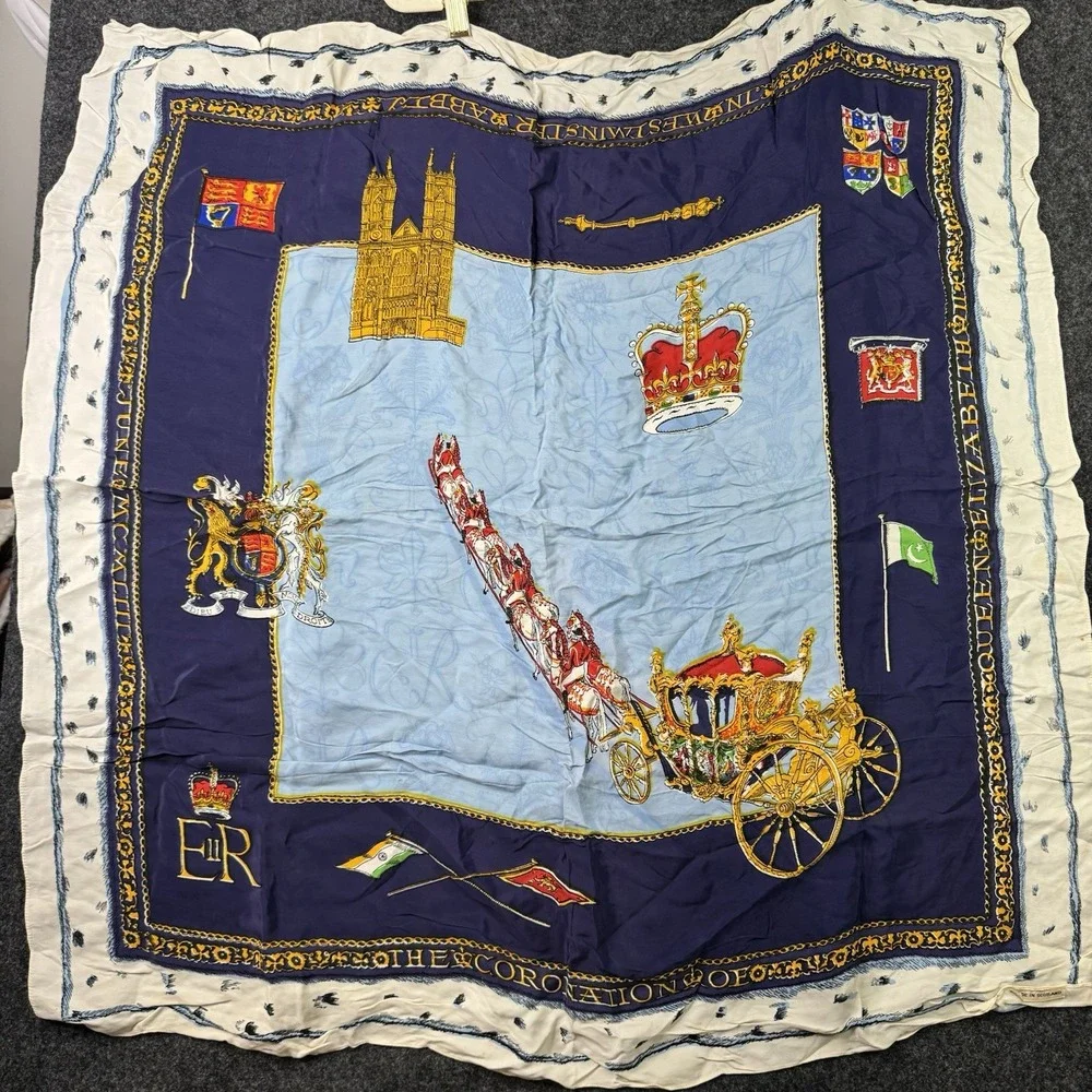 Vintage 1953 Queen Elizabeth II Coronation Scarf Scotland Royal Souvenir